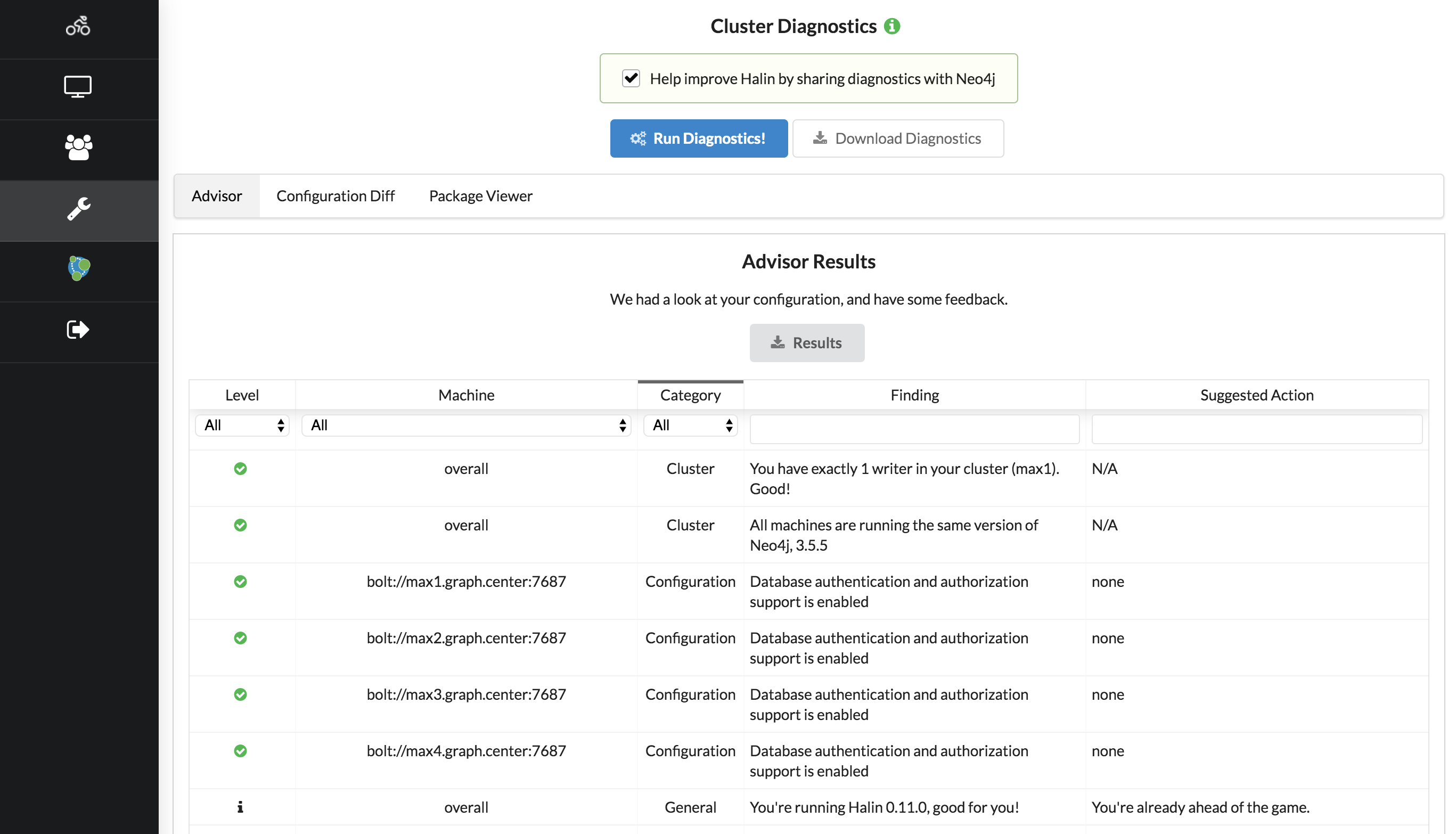 Halin Screenshot: Diagnostics